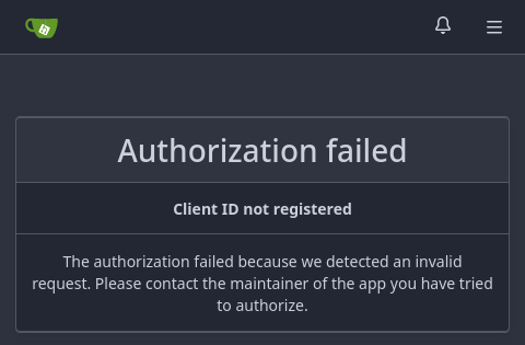 Authorization failed: Client ID not registered